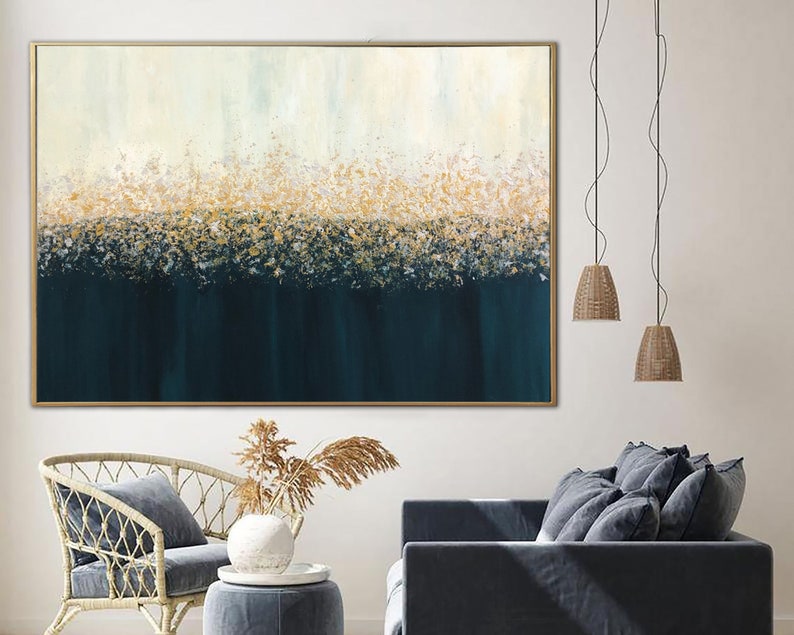 Abstract Gold and Navy Painting - Original Handmade Artwork, Modern Textured Wall Art for Luxurious Home Decor