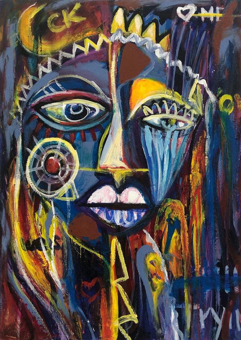 Abstrakt farverigt maleri på lærred Figurativ vægkunst Avantgarde-kunst 40x30 kunst Abstrakt kvindeansigt vægkunst