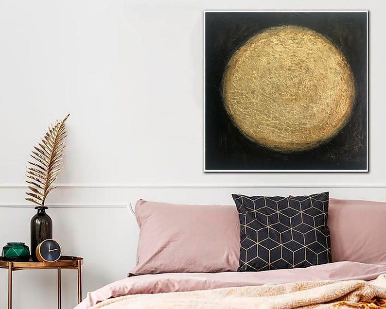 Originalt maleri på lærred, sort og guld vægkunst, bladguld kunst, brugerdefineret kunst, 32x32 kunst, abstrakt solmaleri til indie værelsesindretning