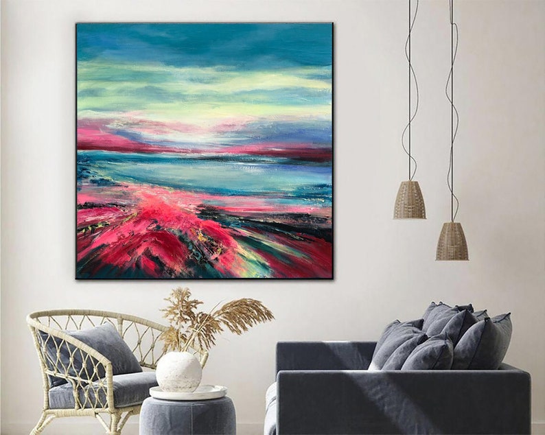Large Abstract Landscape Wall Art Canvas Vibrant Painting Crimson Artwork Custom Painting in Size 40x40 Coastal Wall Art for Indie Decor