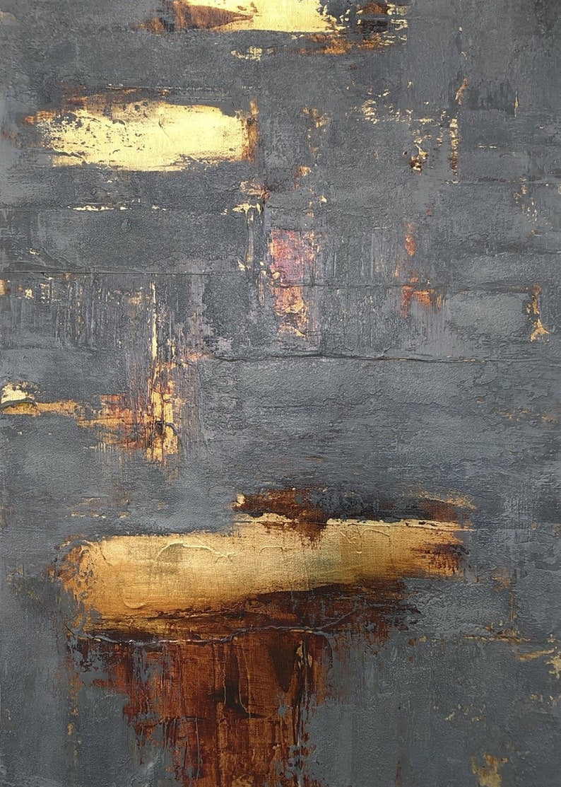 Abstract Grey Painting on Canvas Minimalist Wall Art Gold Leaf Artwork Personalized Painting for Staircase Wall Decor