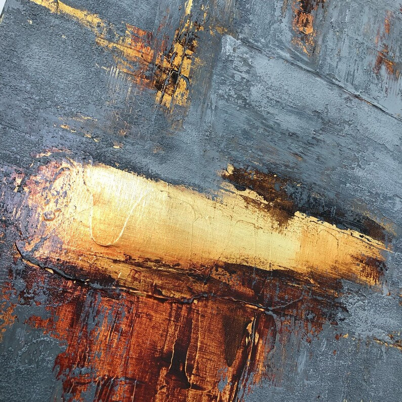 Abstract Grey Painting on Canvas Minimalist Wall Art Gold Leaf Artwork Personalized Painting for Staircase Wall Decor