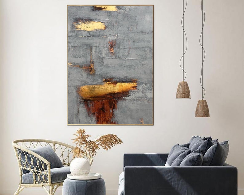 Abstract Grey Painting on Canvas Gold Leaf Wall Art Minimalist Artwork Customized Painting in Size 40x30 for Aesthetic Room Decor