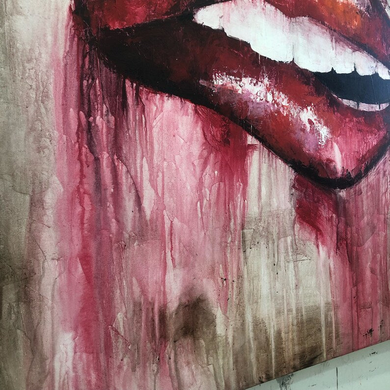 Large Abstract Red Lips Paintings On Canvas Original Textured Fine Art Modern Expressionist Art Handmade Painting Red Smile Art Wall Decor
