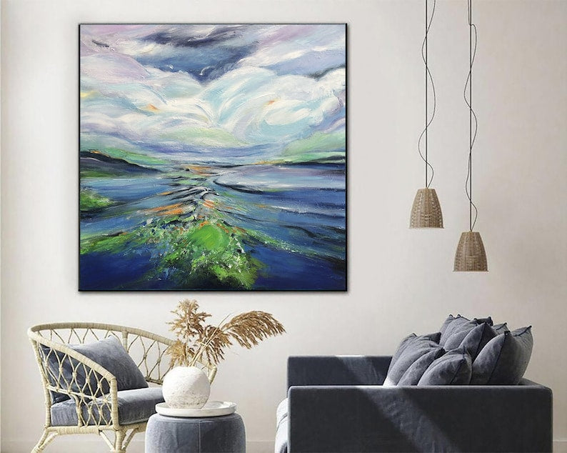 Abstraktes Landschaftsgemälde auf Leinwand, Naturkunstwerk in blauen Farben, modernes Landschaftsgemälde, handgemachte Wandkunst für Indie-Zimmer, Wanddekoration