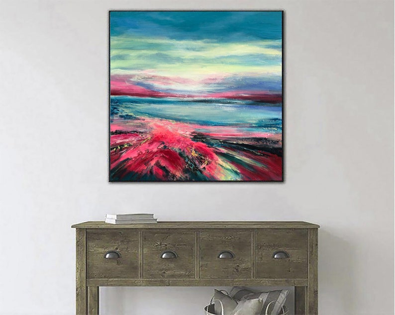 Large Abstract Landscape Wall Art Canvas Vibrant Painting Crimson Artwork Custom Painting in Size 40x40 Coastal Wall Art for Indie Decor