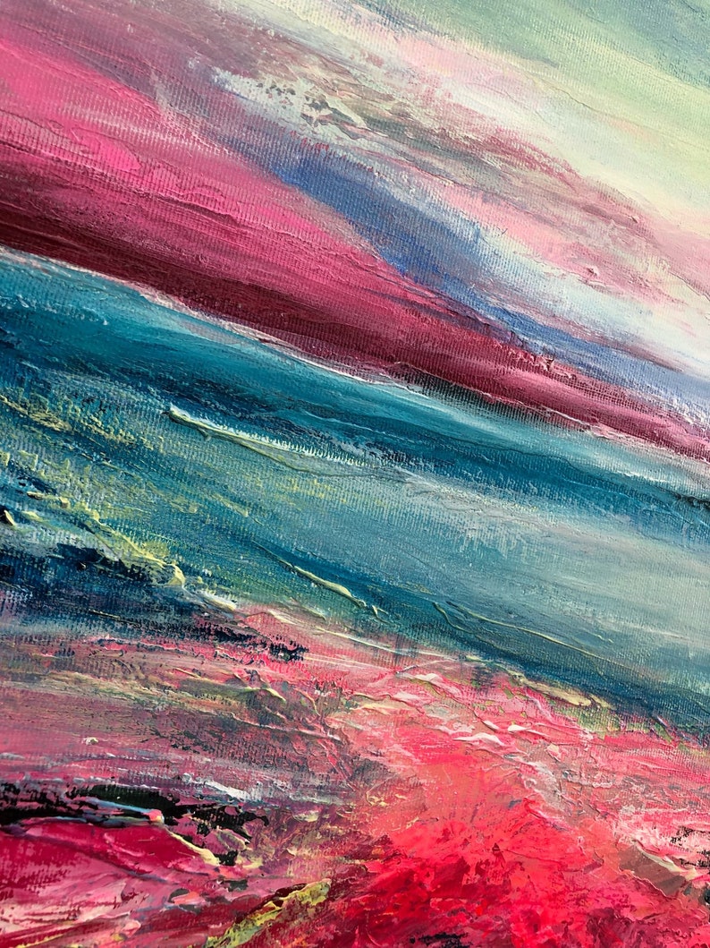 Large Abstract Landscape Wall Art Canvas Vibrant Painting Crimson Artwork Custom Painting in Size 40x40 Coastal Wall Art for Indie Decor