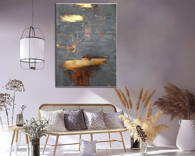 Abstract Grey Painting on Canvas Minimalist Wall Art Gold Leaf Artwork Personalized Painting for Staircase Wall Decor