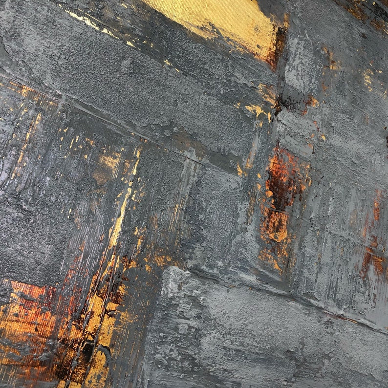 Abstract Grey Painting on Canvas Minimalist Wall Art Gold Leaf Artwork Personalized Painting for Staircase Wall Decor