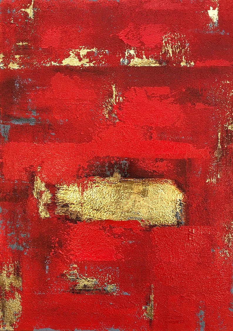 Abstract Red Painting on Canvas Minimalist Wall Art Gold Leaf Artwork Royal Red Wall Art Original Oil Painting for Aesthetic Room Decor