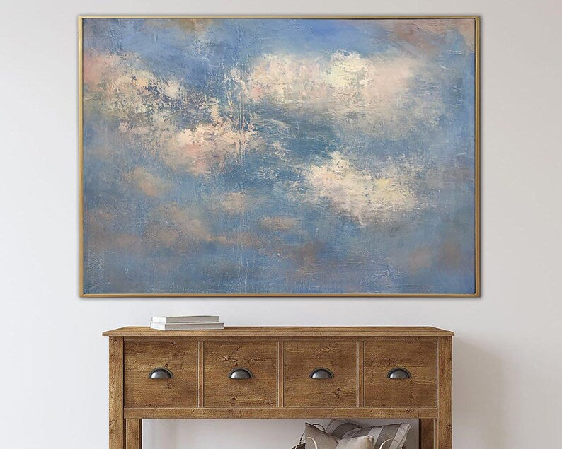 Abstrakt blåt maleri på lærred Originalt skykunstværk Blå himmel vægkunst Moderne oliemaleri Neutral kunst til indie-værelsesindretning