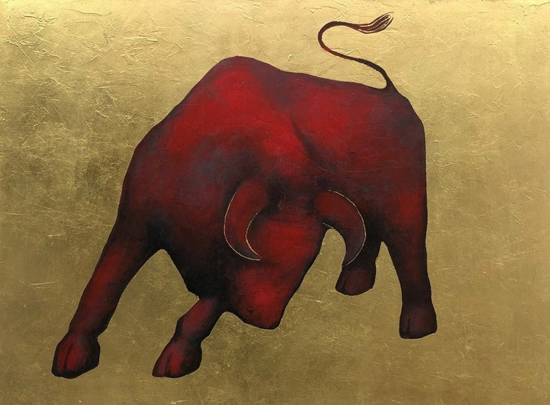 Abstract Bull Colorful Oil Painting Original Red Bull on Gold Leaf Wall Art Modern Animal Artwork for Home UNSTOPPABLE BULL