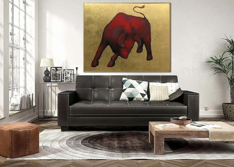 Abstract Bull Colorful Oil Painting Original Red Bull on Gold Leaf Wall Art Modern Animal Artwork for Home UNSTOPPABLE BULL