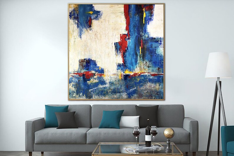 Large Abstract Painting in Blue, Red, and White - Modern Textured Wall Art - Handmade Original Artwork