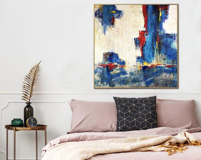 Large Abstract Painting in Blue, Red, and White - Modern Textured Wall Art - Handmade Original Artwork