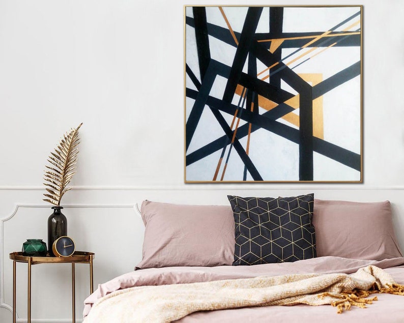 Modern Framed Wall Art Abstract Painting Black and White Gold Minimalist Wall Art Handmade Contemporary Artwork Geometric Painting