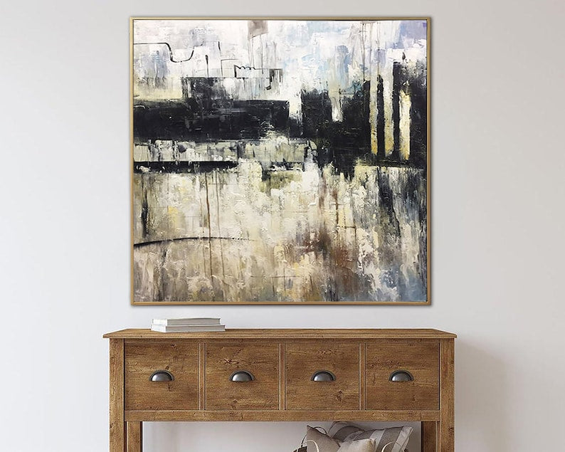 Stort abstrakt sort-hvidt maleri på lærred Moderne urban stil vægkunst Neutralt maleri Original minimalistisk kunstværk vægdekoration