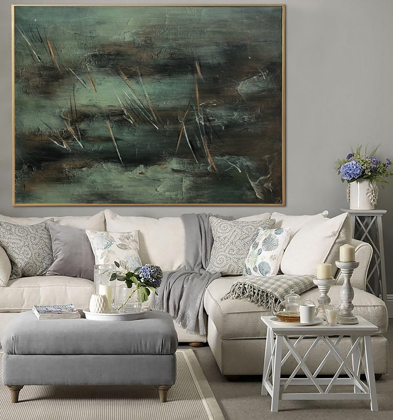 Moody Green Abstract Painting - Original Handmade Textured Artwork for Modern Interiors