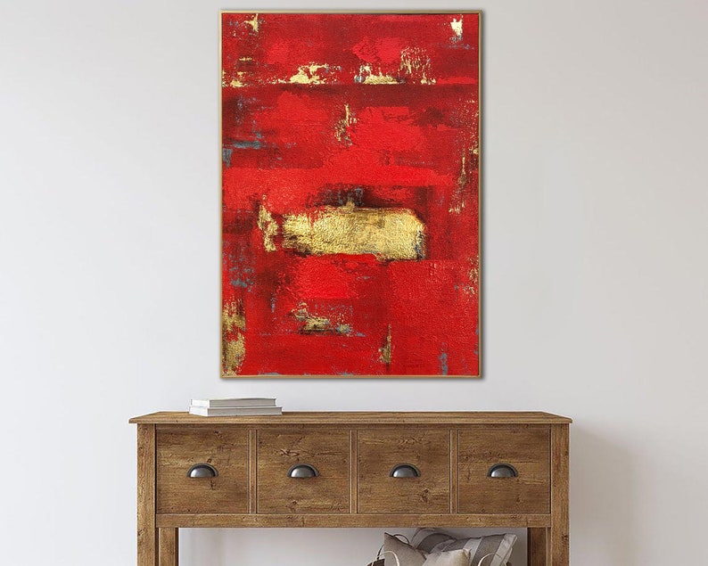 Abstract Red Painting on Canvas Minimalist Wall Art Gold Leaf Artwork Royal Red Wall Art Original Oil Painting for Aesthetic Room Decor