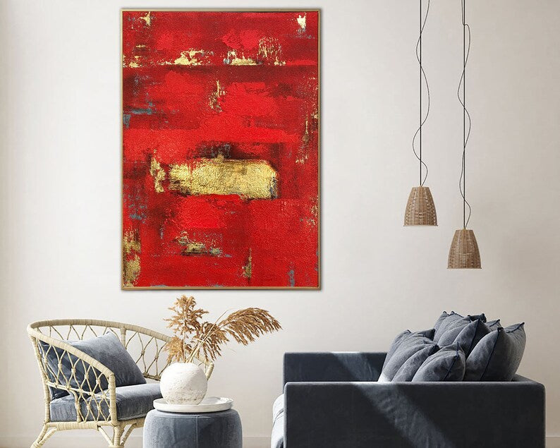 Abstract Red Painting on Canvas Minimalist Wall Art Gold Leaf Artwork Royal Red Wall Art Original Oil Painting for Aesthetic Room Decor