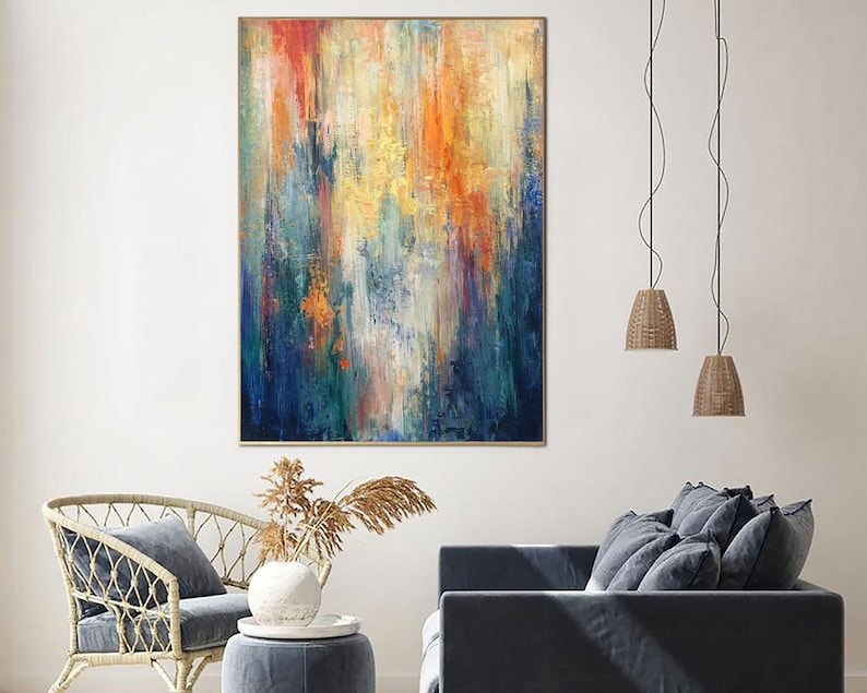Abstrakte bunte Gemälde auf Leinwand expressionistische Kunstwerke in orange und blau Farben strukturierte Ölgemälde handgemalte Kunst für Wohnzimmer