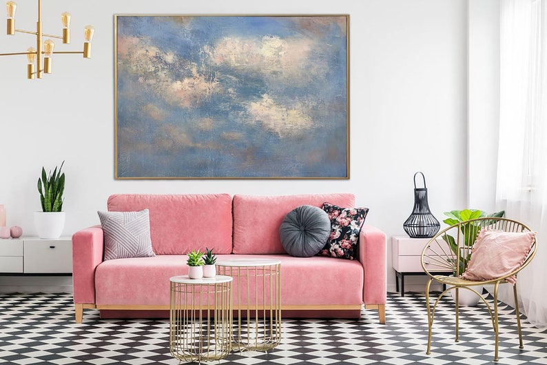 Abstrakt blåt maleri på lærred Originalt skykunstværk Blå himmel vægkunst Moderne oliemaleri Neutral kunst til indie-værelsesindretning