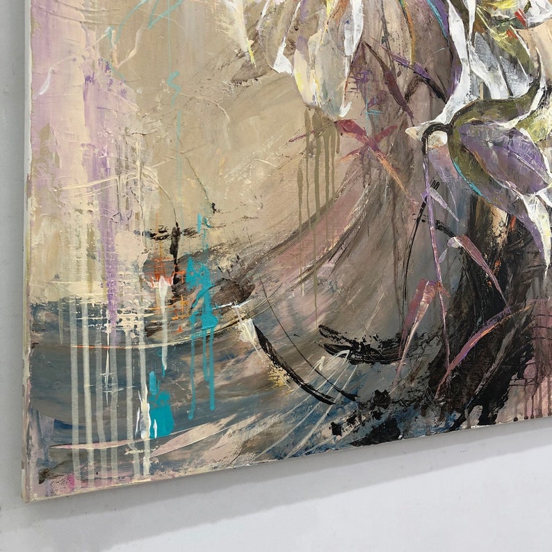 Abstract Flowers Painting on Canvas Modern Floral Artwork Neutral Wall Art Original Lily Painting Modern Oil Art for Aesthetic Room Decor