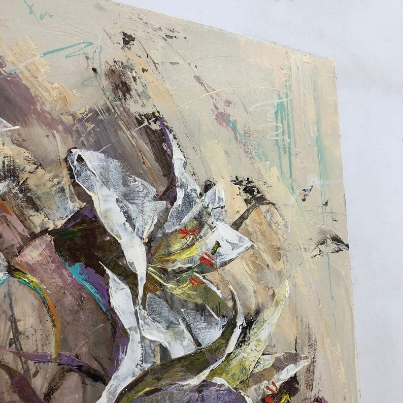 Abstract Flowers Painting on Canvas Modern Floral Artwork Neutral Wall Art Original Lily Painting Modern Oil Art for Aesthetic Room Decor