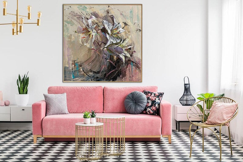 Abstract Flowers Painting on Canvas Modern Floral Artwork Neutral Wall Art Original Lily Painting Modern Oil Art for Aesthetic Room Decor