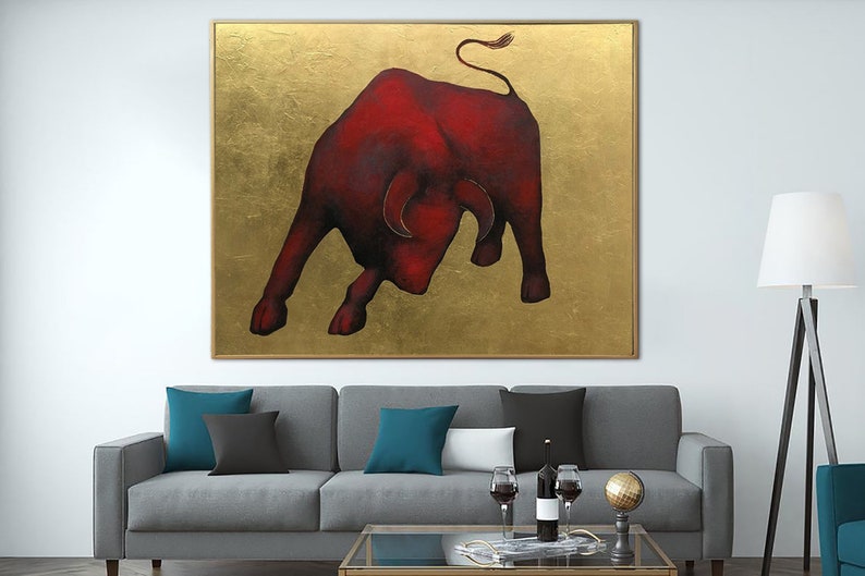 Abstract Bull Colorful Oil Painting Original Red Bull on Gold Leaf Wall Art Modern Animal Artwork for Home UNSTOPPABLE BULL