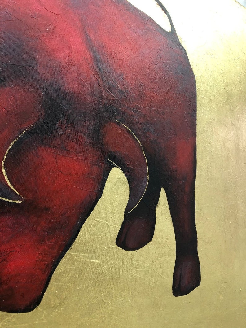 Abstract Bull Colorful Oil Painting Original Red Bull on Gold Leaf Wall Art Modern Animal Artwork for Home UNSTOPPABLE BULL