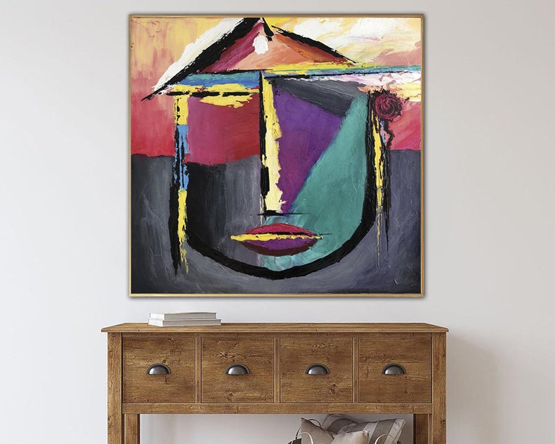 Abstract Face Painting on Canvas Original Figurative Wall Art Colorful Artwork Modern Fine Art Cubism Painting for Indie Room Decor