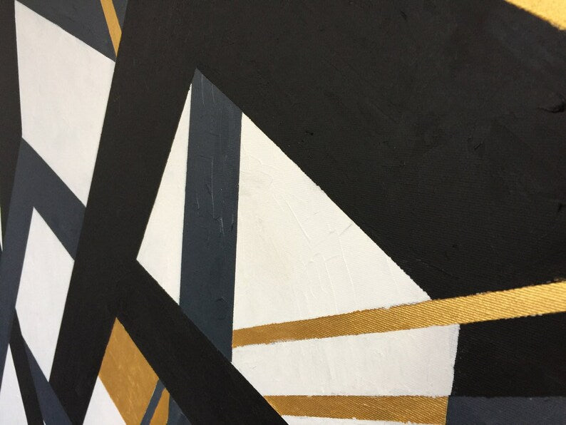 Modern Framed Wall Art Abstract Painting Black and White Gold Minimalist Wall Art Handmade Contemporary Artwork Geometric Painting