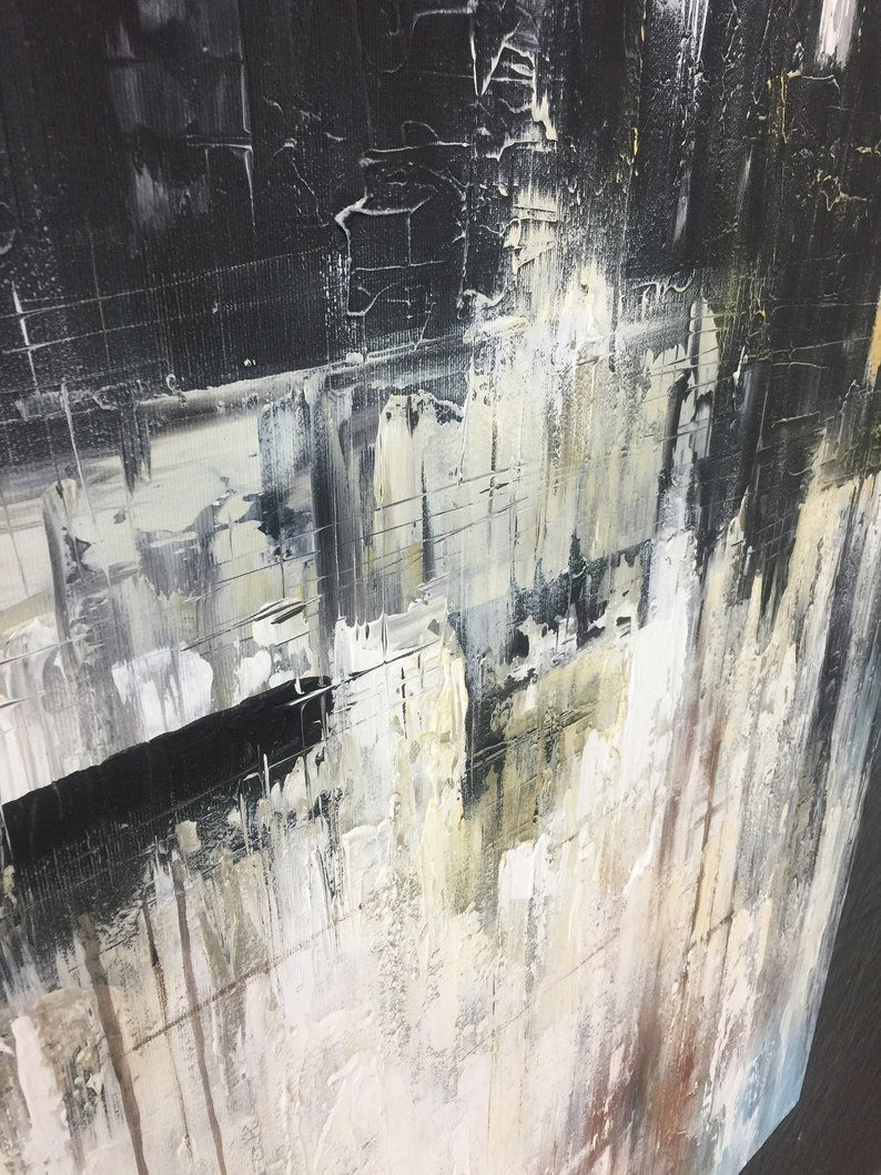 Stort abstrakt sort-hvidt maleri på lærred Moderne urban stil vægkunst Neutralt maleri Original minimalistisk kunstværk vægdekoration