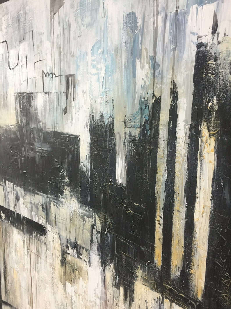 Stort abstrakt sort-hvidt maleri på lærred Moderne urban stil vægkunst Neutralt maleri Original minimalistisk kunstværk vægdekoration