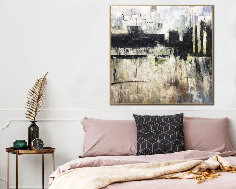 Stort abstrakt sort-hvidt maleri på lærred Moderne urban stil vægkunst Neutralt maleri Original minimalistisk kunstværk vægdekoration