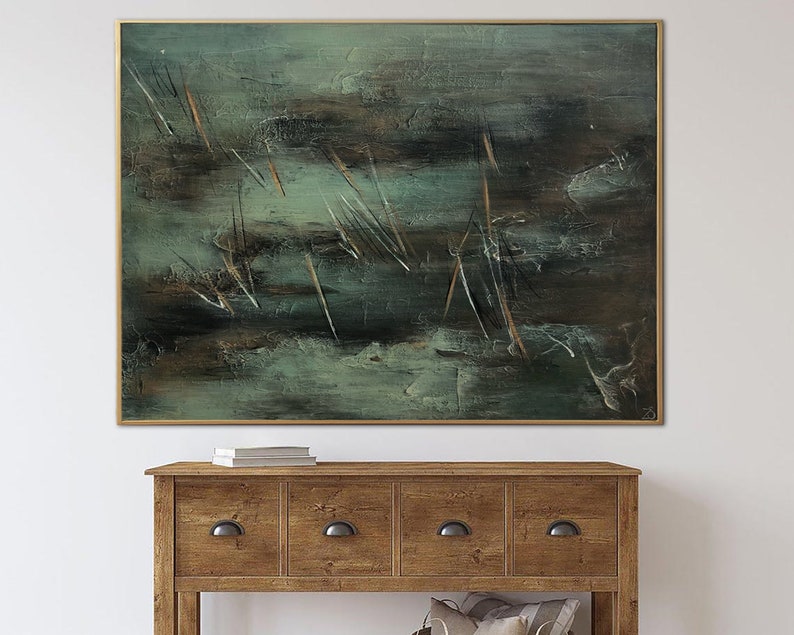 Moody Green Abstract Painting - Original Handmade Textured Artwork for Modern Interiors