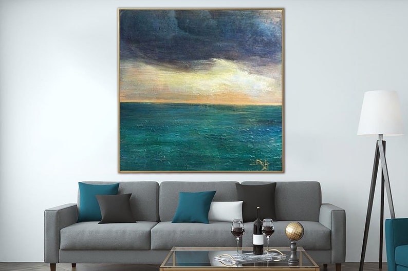 Abstract Sea And Sky Wall Art Waters Tranquility Art Ocean Art Framed Blue and Teal Painting Living Room Beach Decor