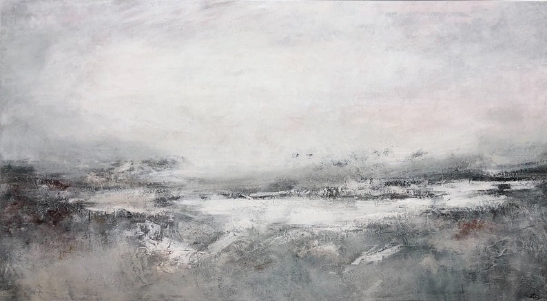 Stort maleri på lærred, gråt oliemaleri, sort-hvid vægkunst, naturlærredskunst, landskabsmaleri, ekspressionistisk kunst, stueindretning