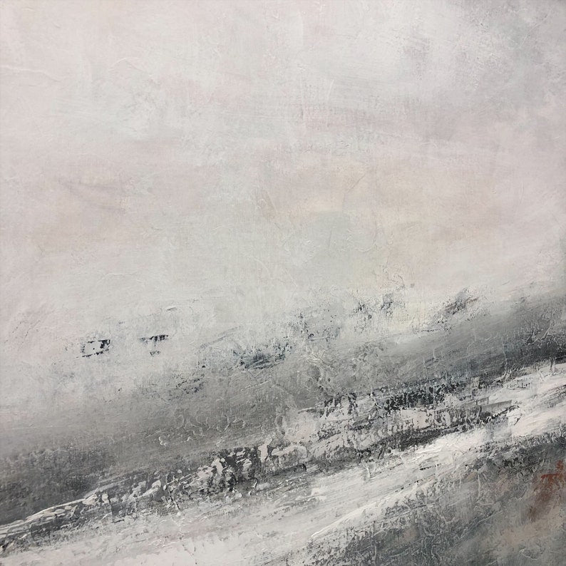 Stort maleri på lærred, gråt oliemaleri, sort-hvid vægkunst, naturlærredskunst, landskabsmaleri, ekspressionistisk kunst, stueindretning
