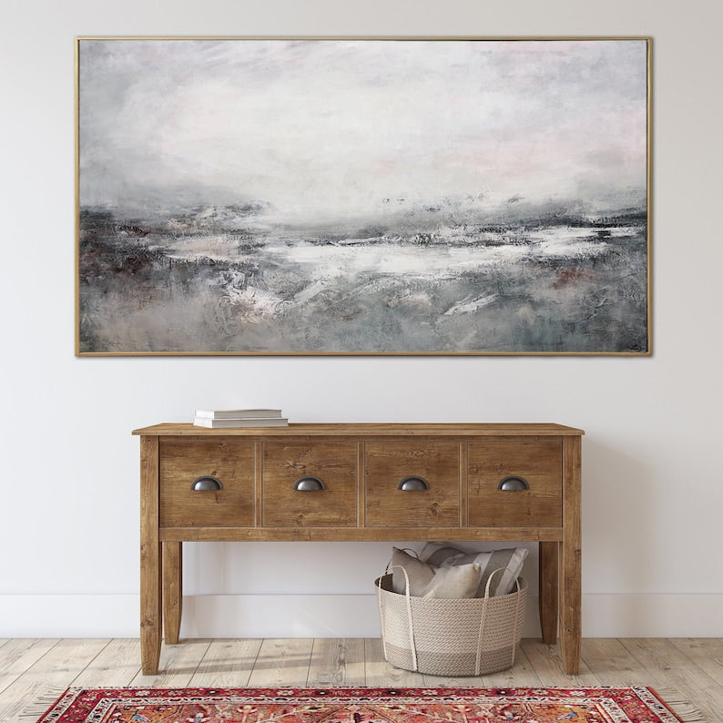 Stort maleri på lærred, gråt oliemaleri, sort-hvid vægkunst, naturlærredskunst, landskabsmaleri, ekspressionistisk kunst, stueindretning