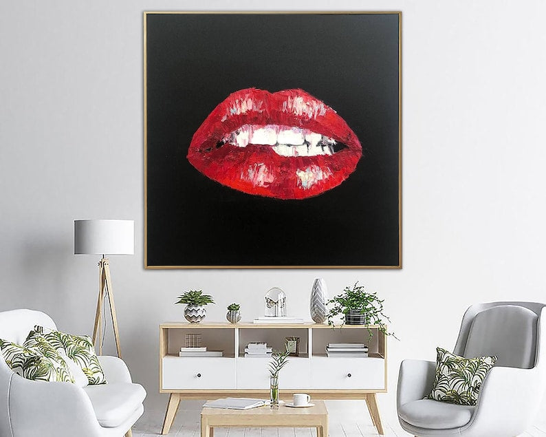 Original Woman Lips Painting On Canvas Red Lips Original Art Kiss Wall Art Sexy Creative Gift Custom Oil Painting Art for Living Room Decor