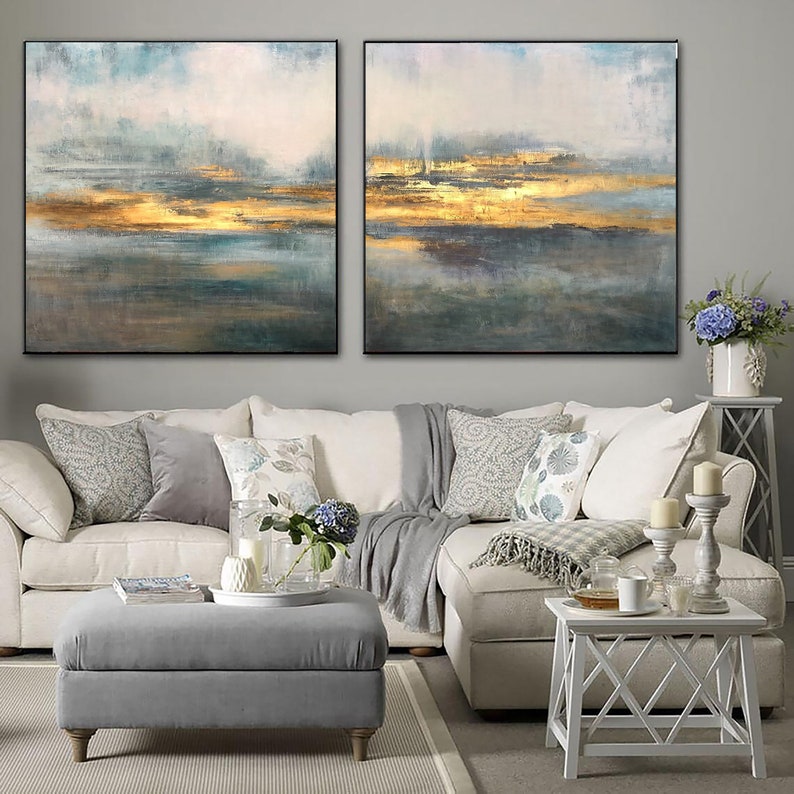 Large Sunset Painting Set of 2 Gray Painting Seascape Canvas Art Acrylic Sunset Wall Art on Canvas Original Artwork Living Room Wall Decor