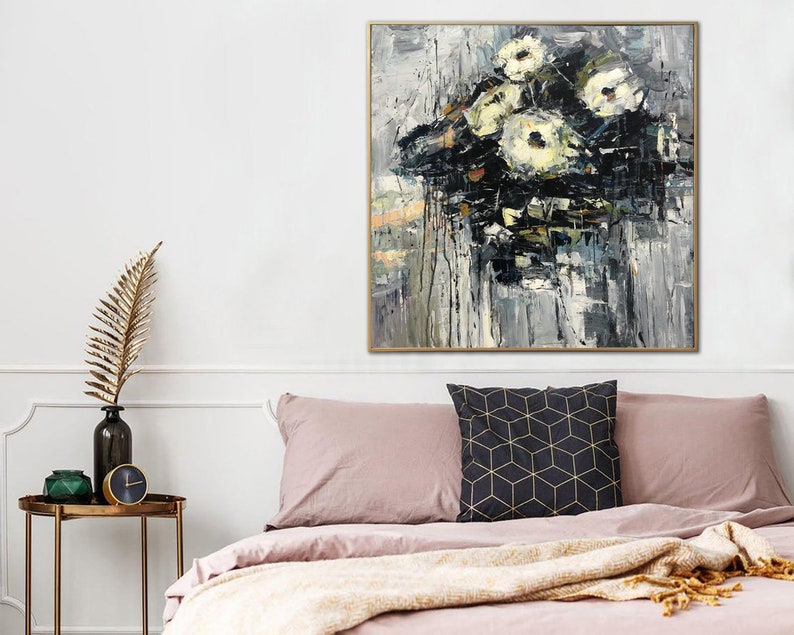 Large Abstract Flower Paintings On Canvas Grey Painting Original Textured Art Floral Painting Modern Wall Art for Living Room Wall Decor