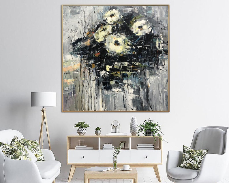 Large Abstract Flower Paintings On Canvas Grey Painting Original Textured Art Floral Painting Modern Wall Art for Living Room Wall Decor