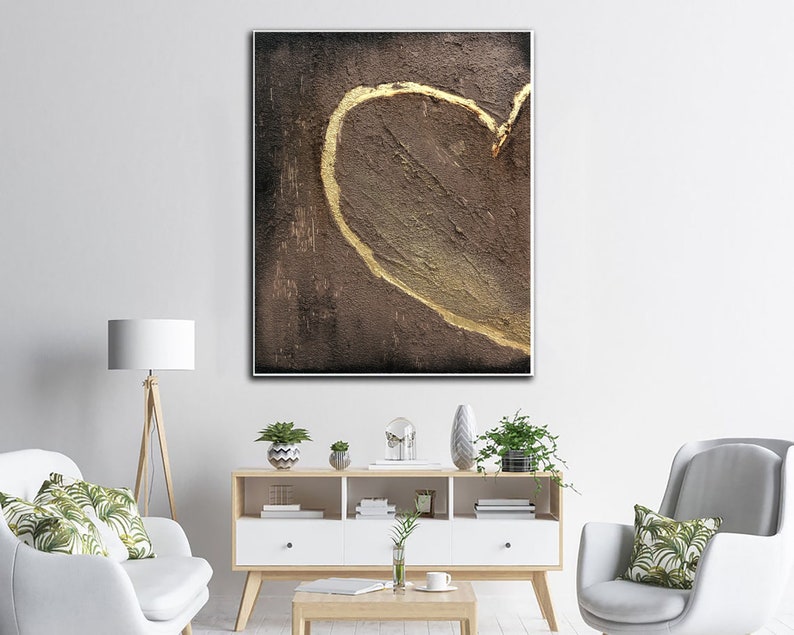 Large Abstract Heart Painting On Canvas Brown Wall Art Hand Painted Art Impasto Painting Romantic Gift For Couple Artwork Home Decor Art
