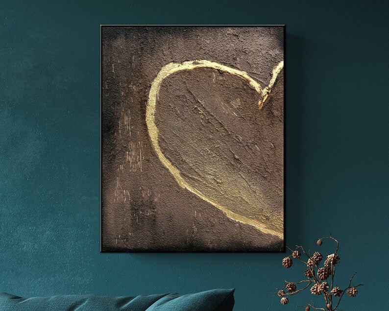 Large Abstract Heart Painting On Canvas Brown Wall Art Hand Painted Art Impasto Painting Romantic Gift For Couple Artwork Home Decor Art