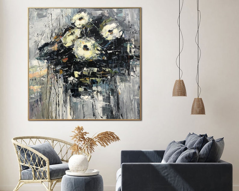 Large Abstract Flower Paintings On Canvas Grey Painting Original Textured Art Floral Painting Modern Wall Art for Living Room Wall Decor