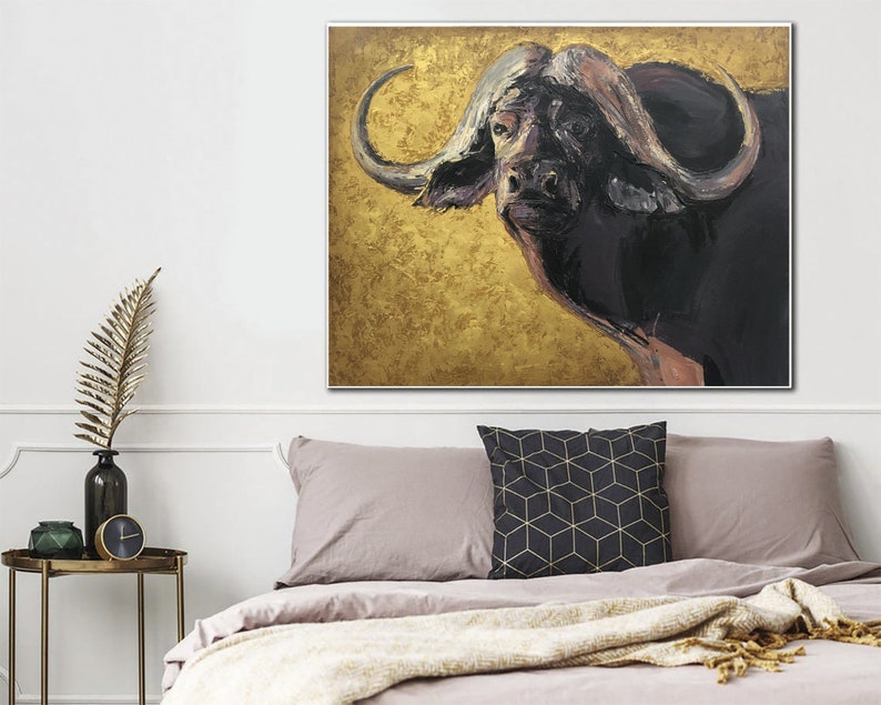 Ekstra stort afrikansk bøffelmaleri på lærred Vilde dyr oliemaleri Buffalo Bison vægkunst Buffalo moderne kunst vægkunst Moderne værelsesindretning