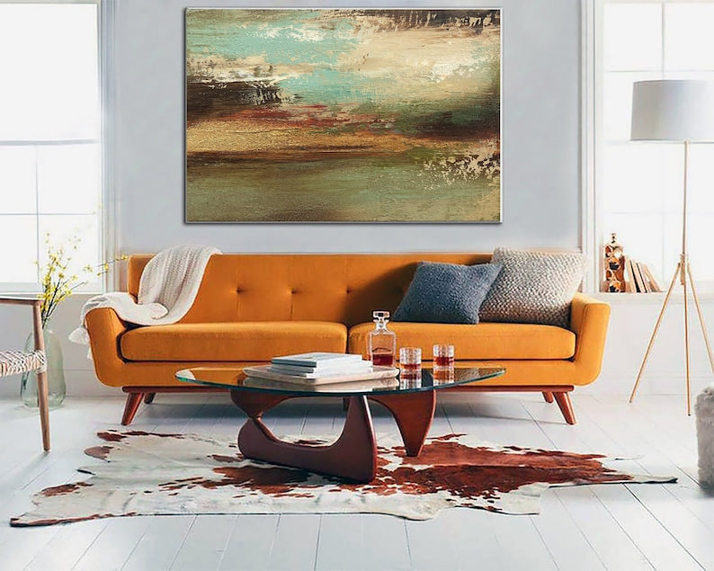 Large Abstract Green Paintings On Canvas Heavy Textured Art Beige and Gold Artwork Modern Fine Art Minimalist Painting for Living Room Decor